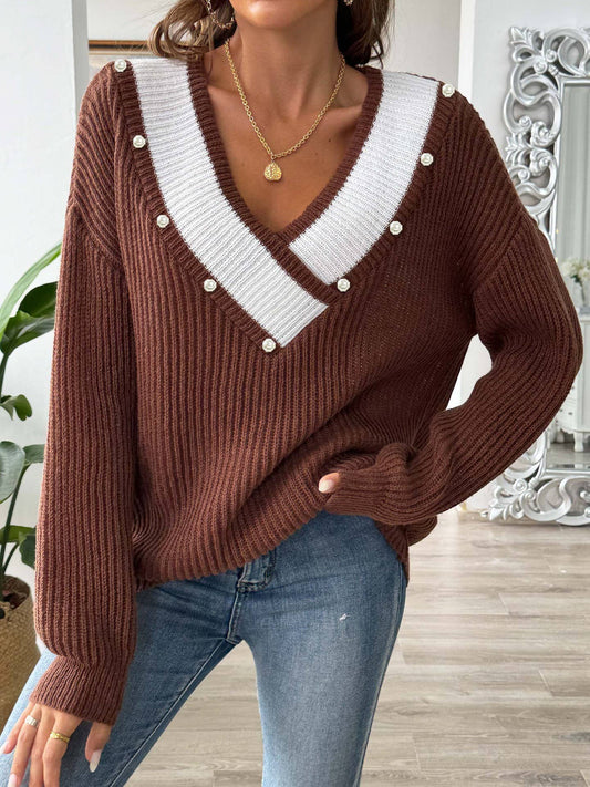 Contrast color v-neck loose sweaters