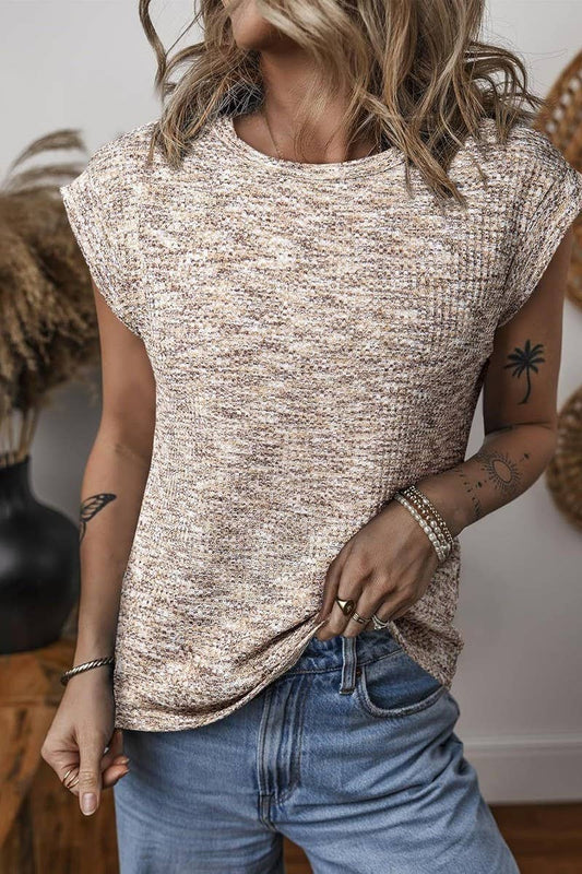 CWTBLS1770_WAFFLE CREW NECK SOLID COLOR SHORT SLEEVE TOP