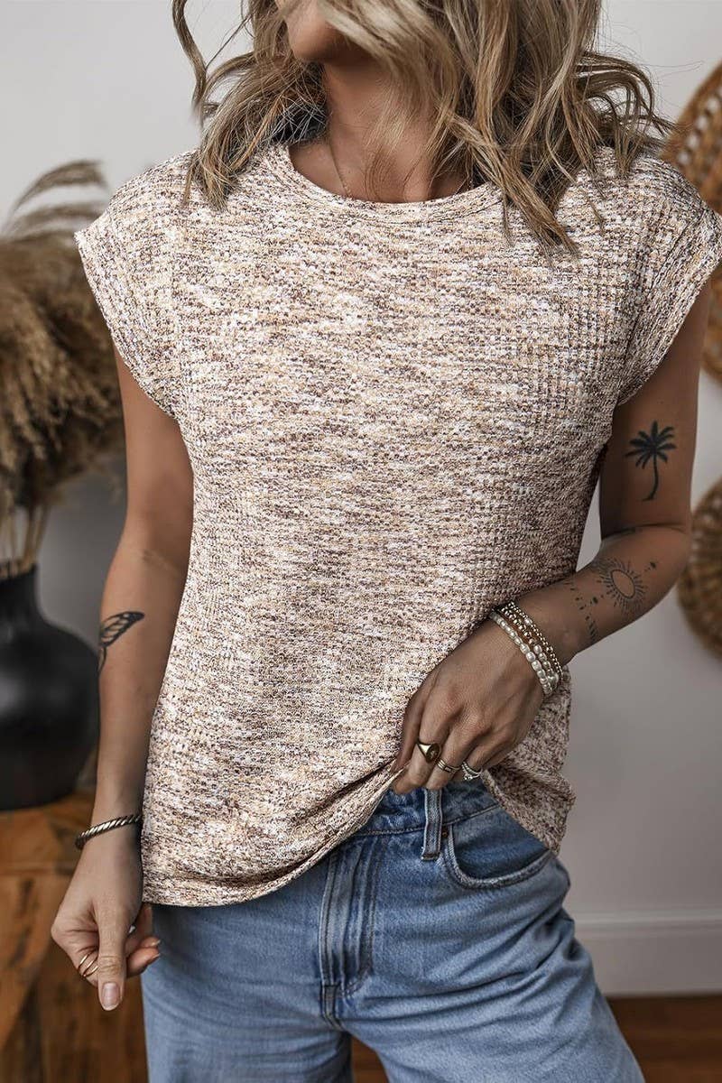 CWTBLS2295_WAFFLE KNIT CREW NECK SHORT SLEEVE TOP