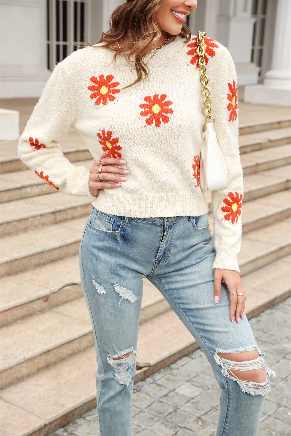 DAISIES ROUND NECK FLOWER KNIT FASHION SWEATER
