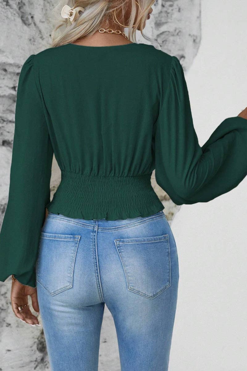 CWTBLL2548_AUTUMN V-NECK WAIST LONG SLEEVE WAIST TOP
