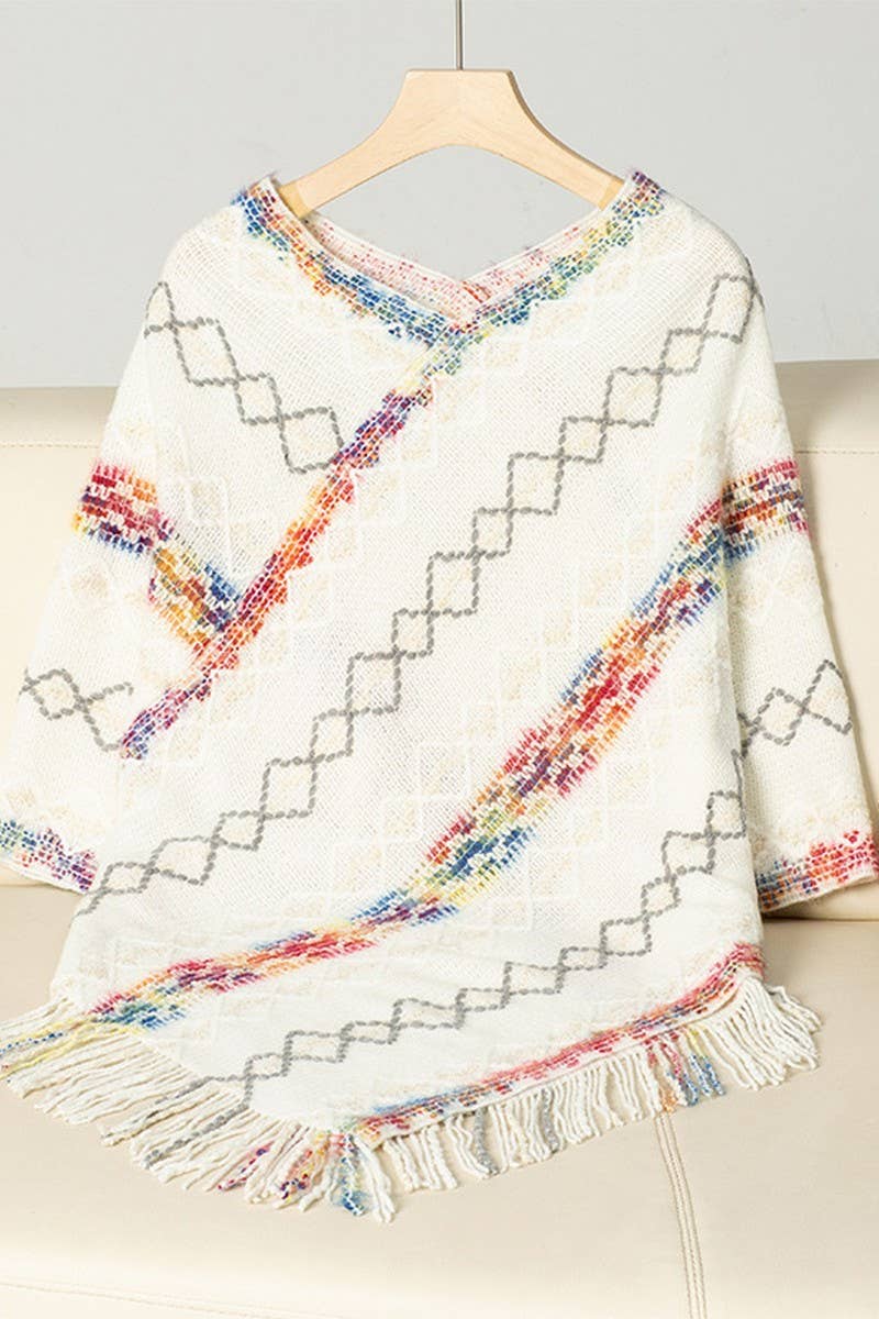 CWOSWS0095_COLORFUL STRIPED KNITTED FRINGE CAPE SHAWL