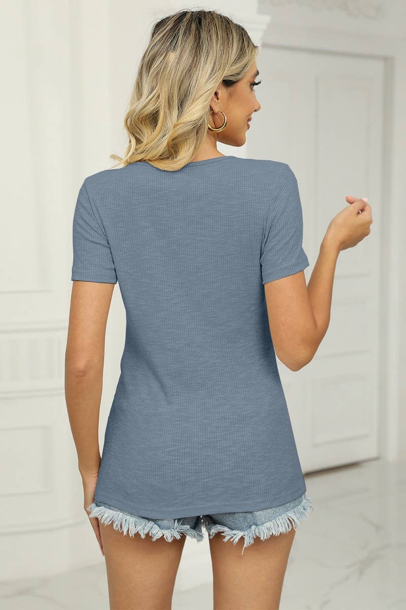 CWTBLS2190_SOLID KNIT HOLLOW OUT CASUAL SHORT SLEEVE TEE