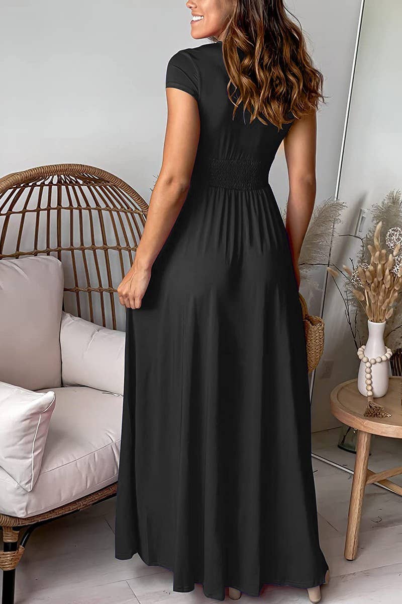 CWDMD5878_DEEP V NECK RUCHED SPLIT SHORT SLEEVE DRESS