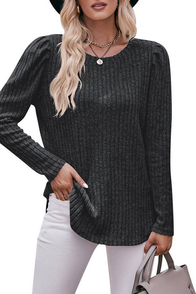 CWTBLL1832_ROUND NECK PUFF SLEEVE RIBBED SOLID COLOR TOP