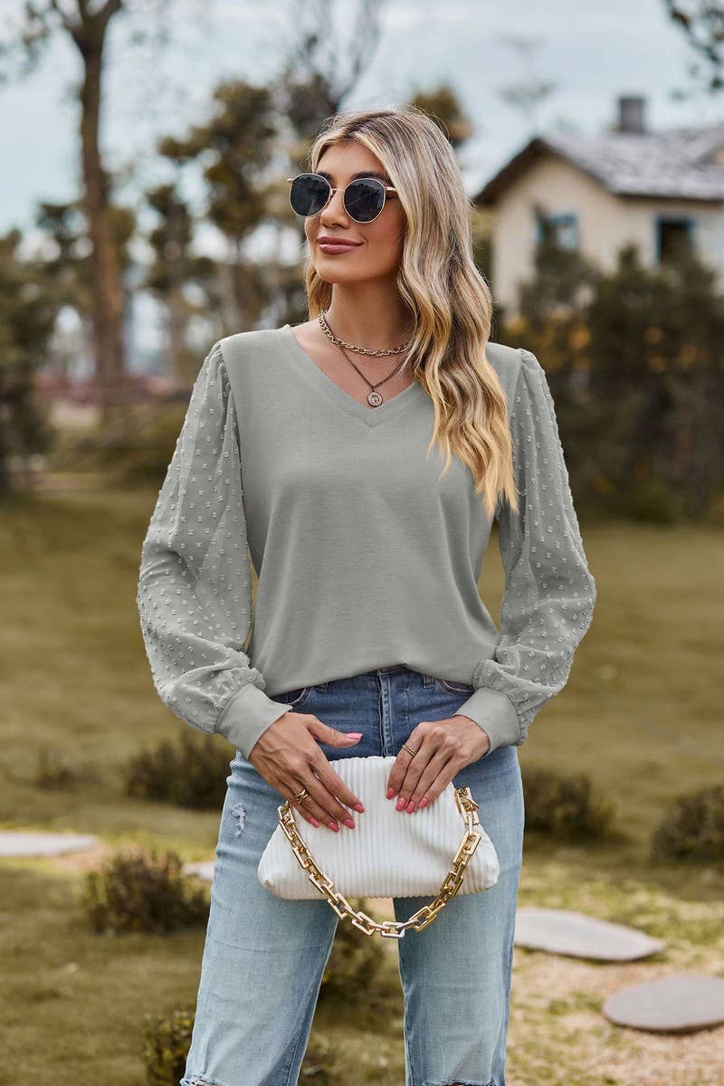 CWTBLL1047_LONG-SLEEVED V-NECK MESH PATCHWORK LOOSE TOP