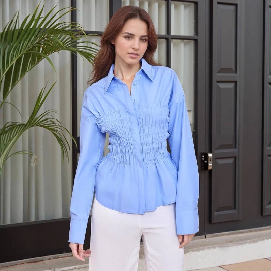 Fashionable lapel pleated cinched-waist shirt