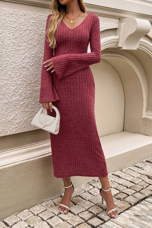 CWDMD3617_V-NECK FANNY PACK HIP SWEATER DRESS LONG
