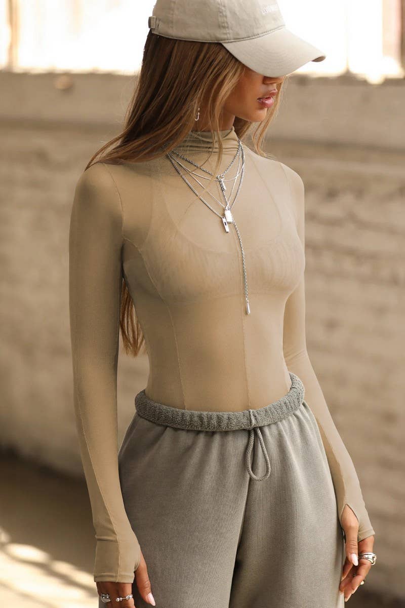 CWTBLL3812_SHEER MESH SLIM FIT HIGH NECK LONG SLEEVE TOP