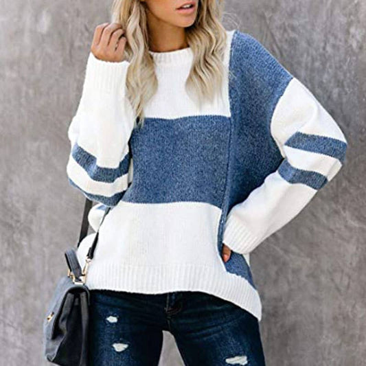 COLOR PATCHWORK CREW NECK PULLOVER SWEATER