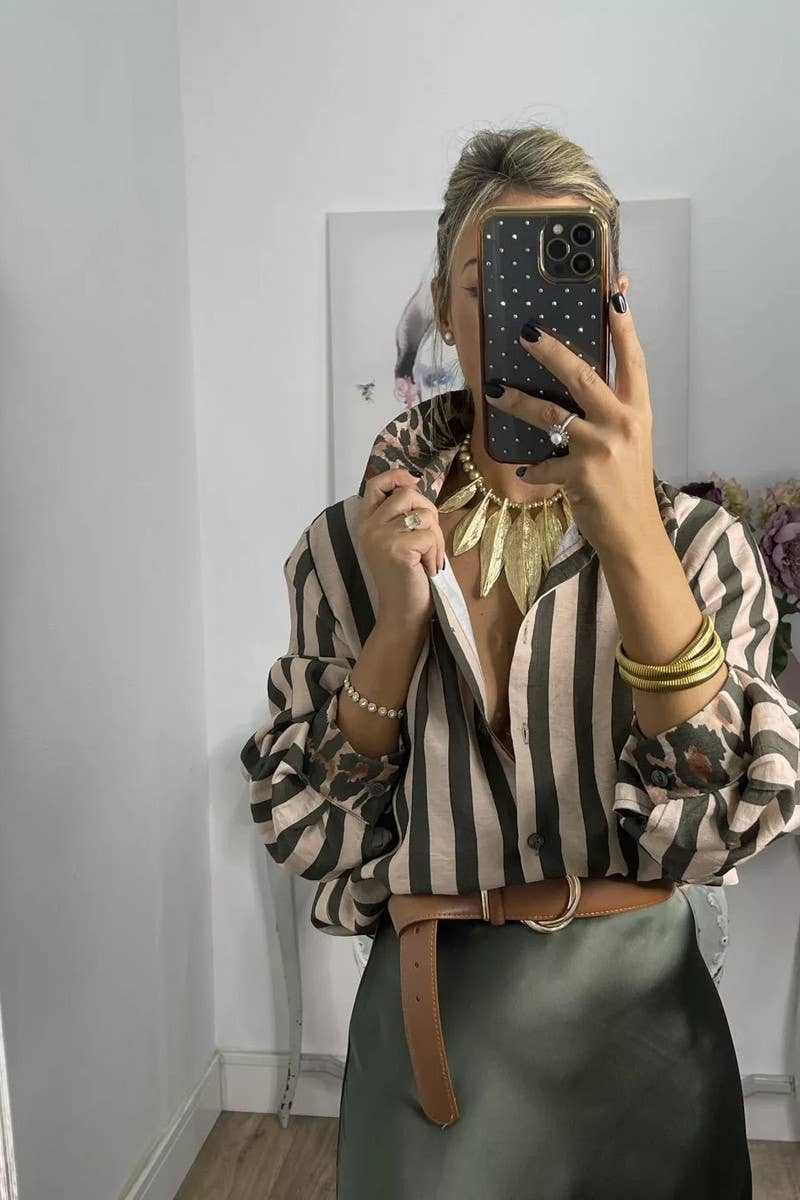 CWTSTL894_STRIPED AND LEOPARD PRINT LOOSE CASUAL SHIRT