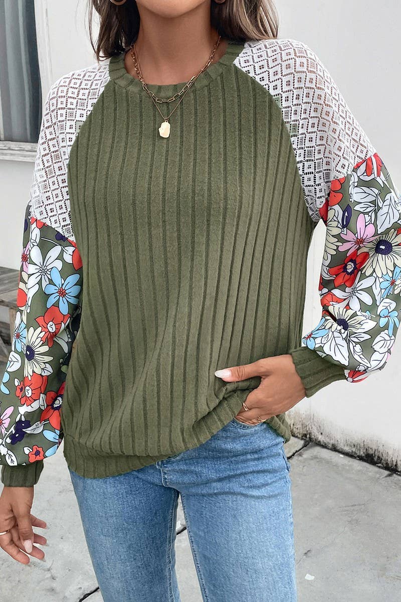 CWOSWL6839_NEW ROUND NECK FLORAL PATTERN COLORBLOCK SWEATER