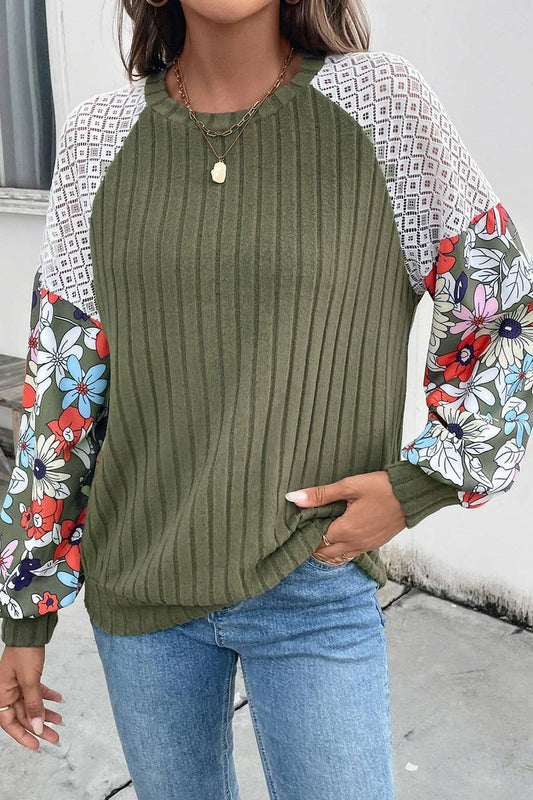 CWOSWL6839_NEW ROUND NECK FLORAL PATTERN COLORBLOCK SWEATER