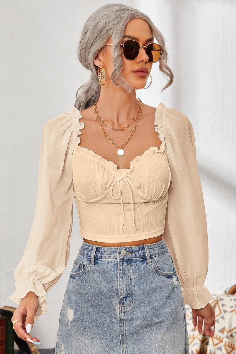 CWTBLL2261_SQUARE COLLAR RUFFLED LONG SLEEVE SHORT TOP