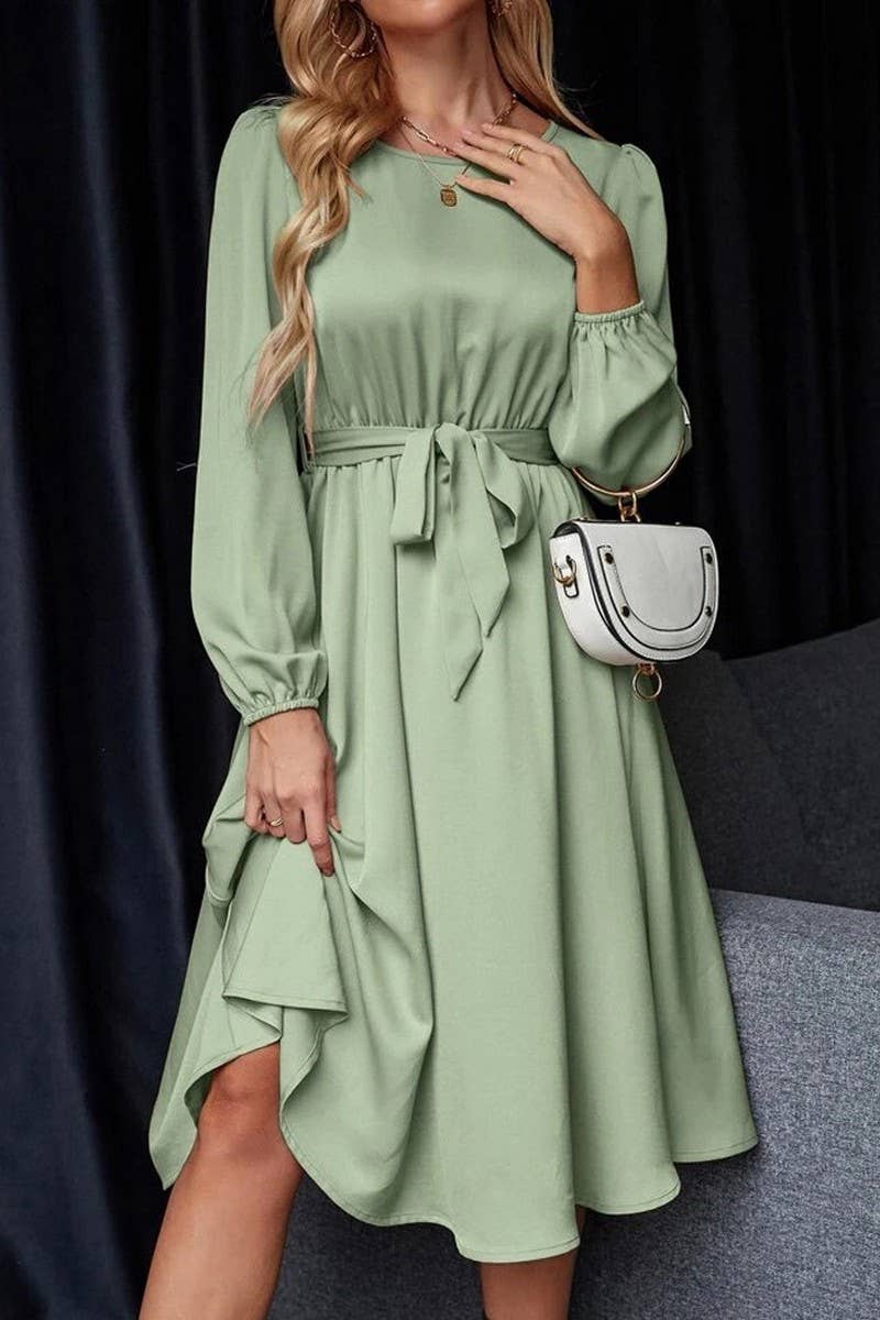 CWDMD5771_BALLOON SLEEVE KEYHOLE TIE BACK SATIN DRESS