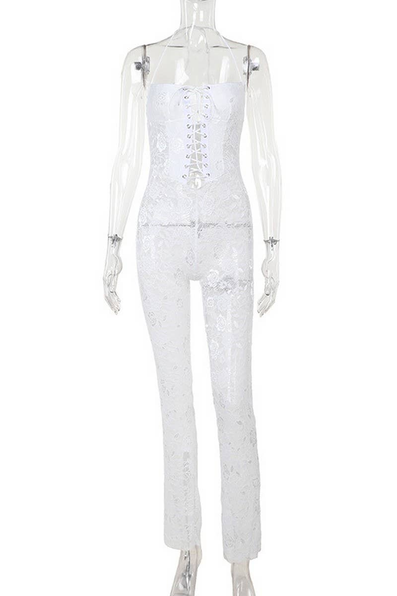 CWSJS1291_SEXY LACE HOLLOW HALTER NECK STRAP TOP JUMPSUIT