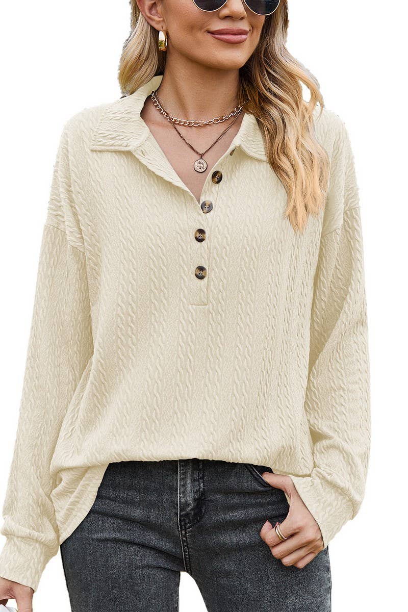 CWTBLL2415_SOLID COLOR LAPEL BUTTON LOOSE LONG SLEEVE TOP