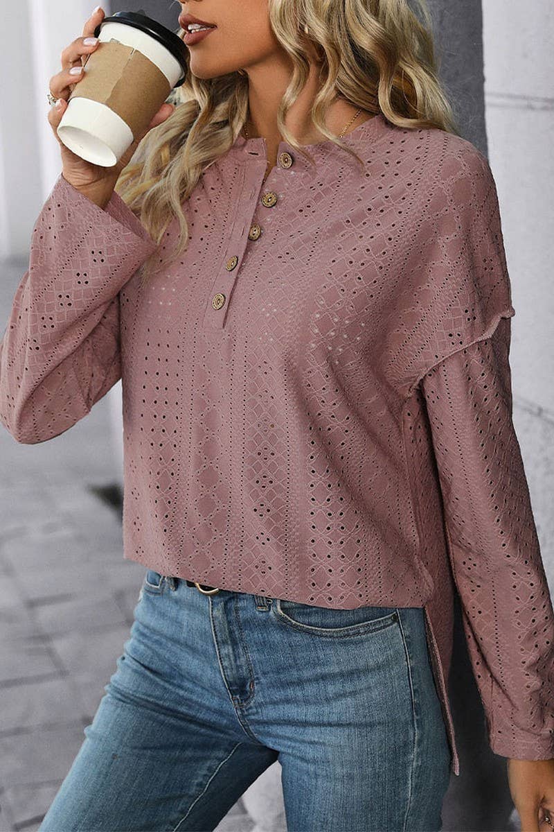 CWTBLL1238_LONG SLEEVE SOLID COLOR KNIT JACQUARD TOP