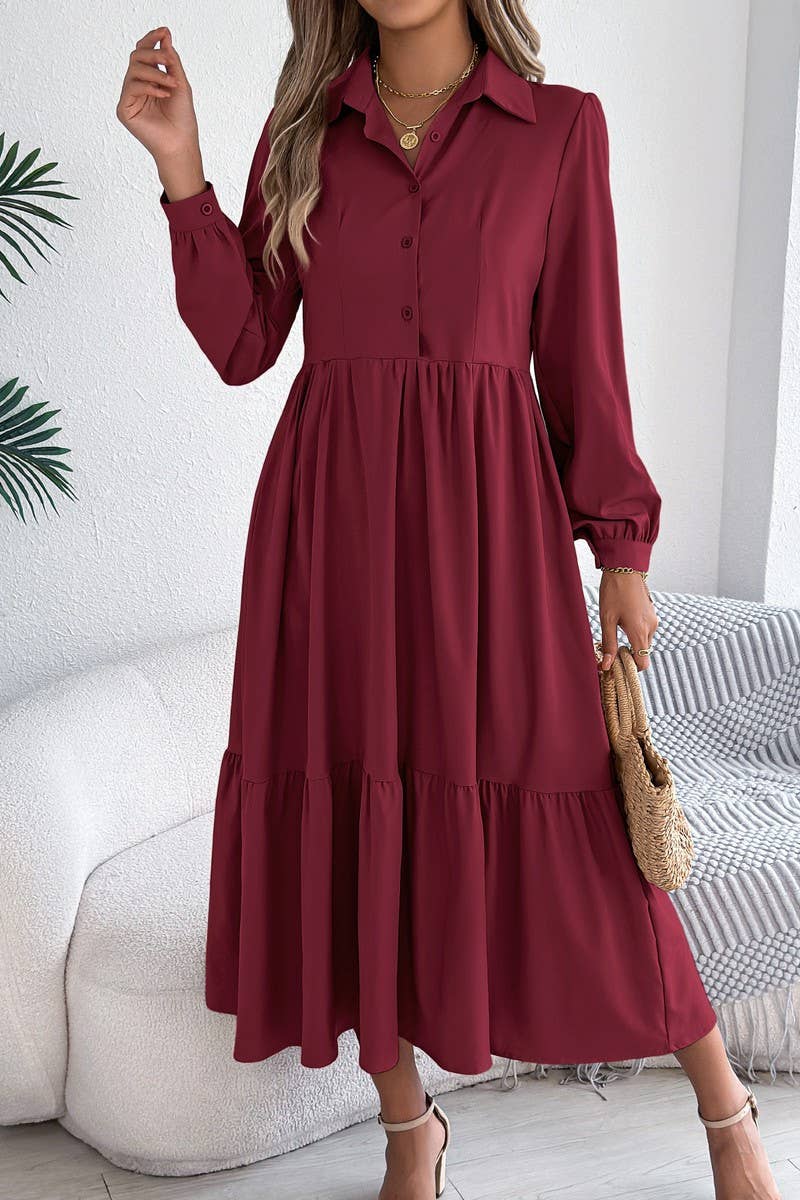 CWDMD6027_LOOSE FIT RUFFLE TRIM LONG SLEEVE SHIRT DRESS