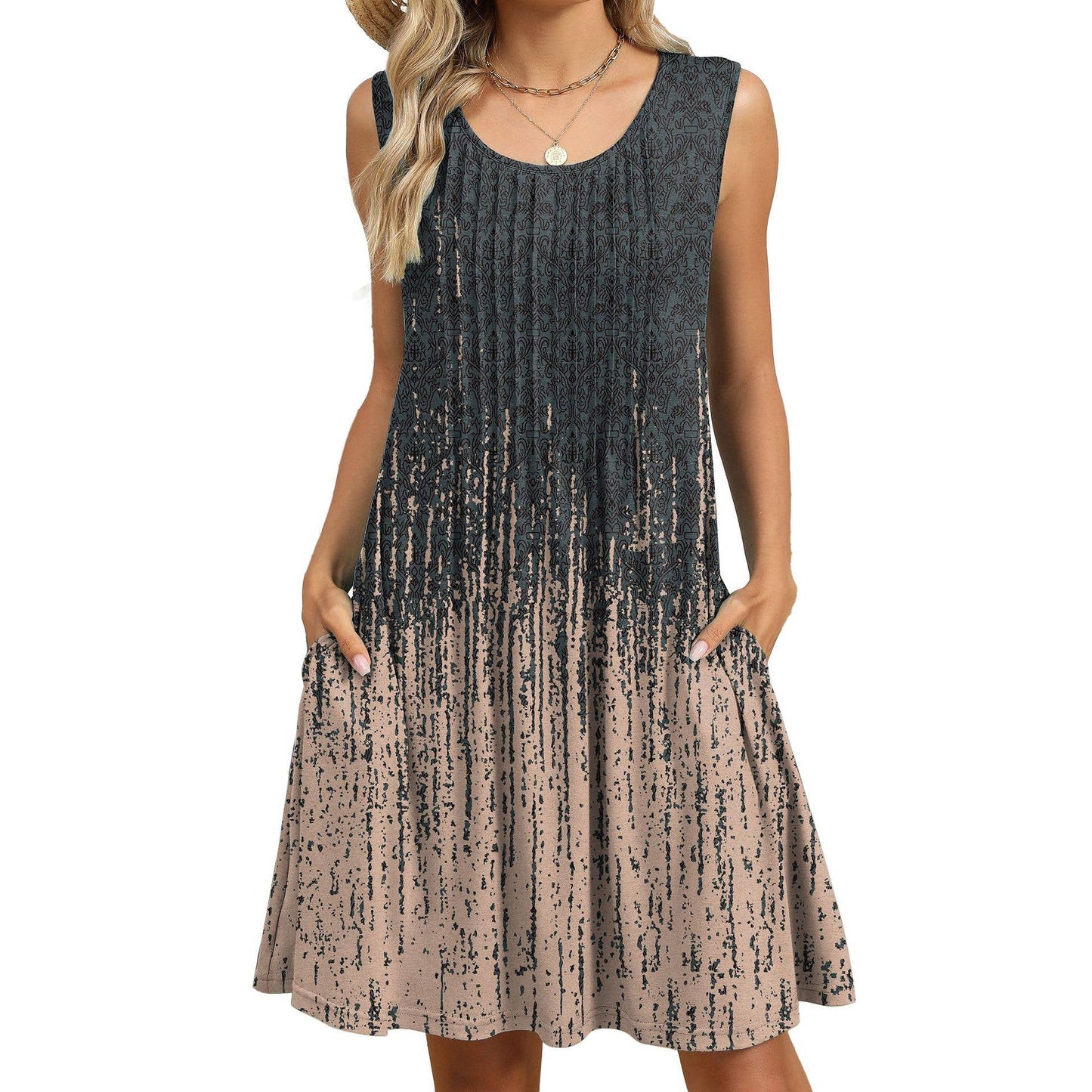 Crew-neck loose print tank top dress with pockets