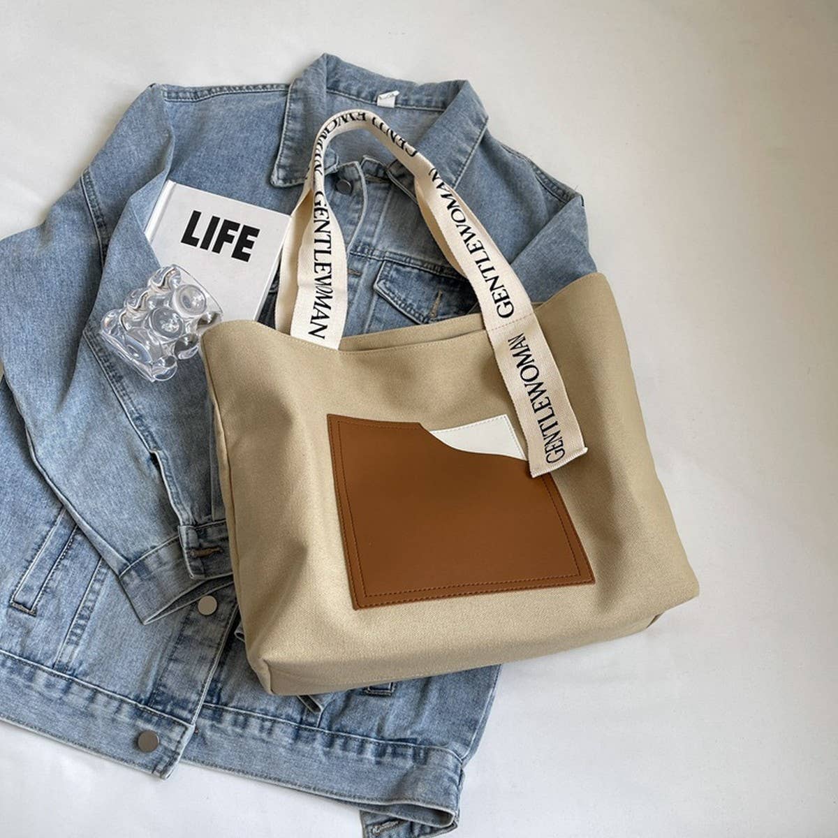 PRINTED PATCHWORK CONTRAST COLOR CANVAS BAG_CWAB2692
