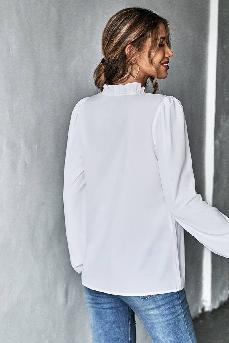 CWTBLL2705_RUFFLED V-NECK LONG-SLEEVED COMMUTER SHIRT TOP