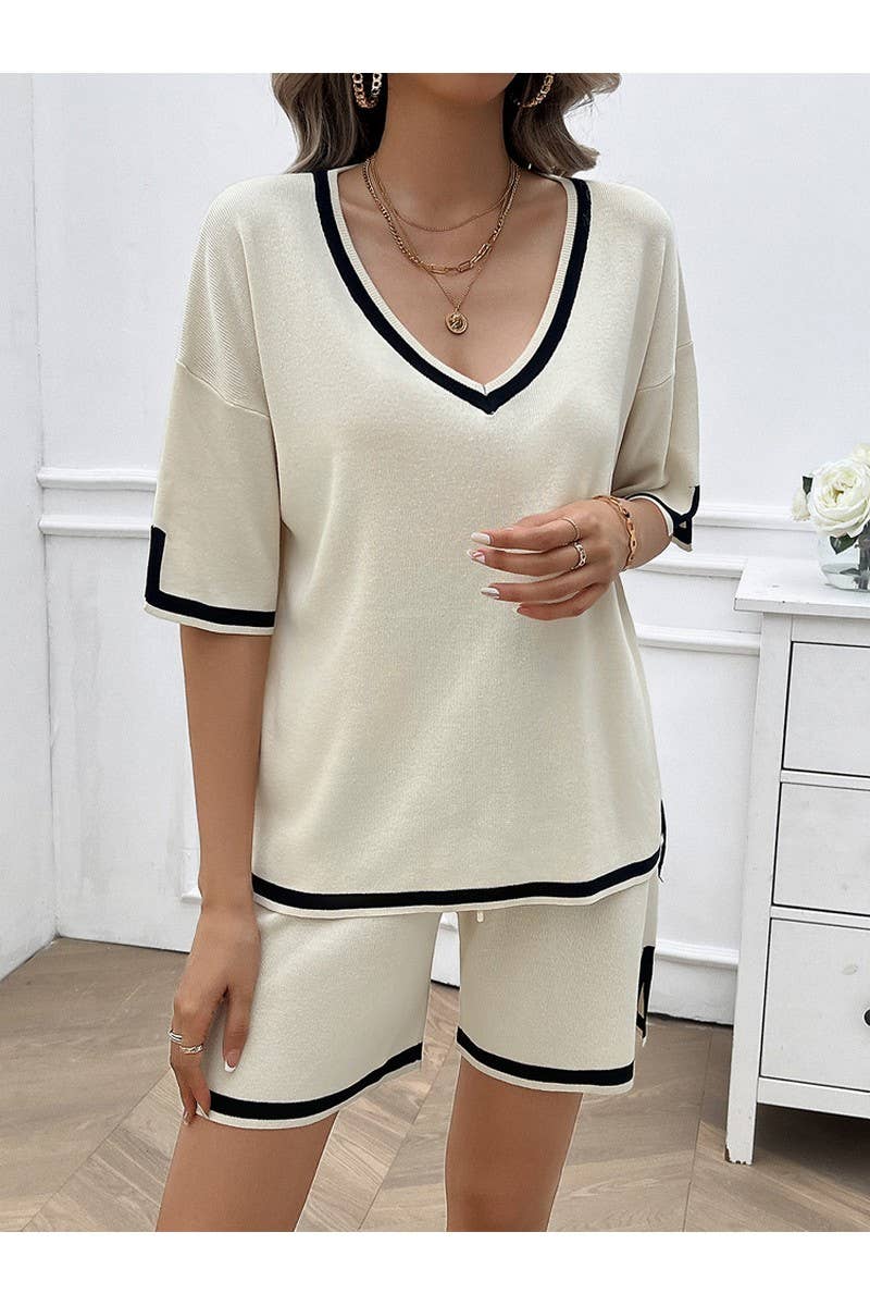 CWSTB0665_CASUAL LOOSE V-NECK SHORT SLEEVED SHORTS KNIT SET