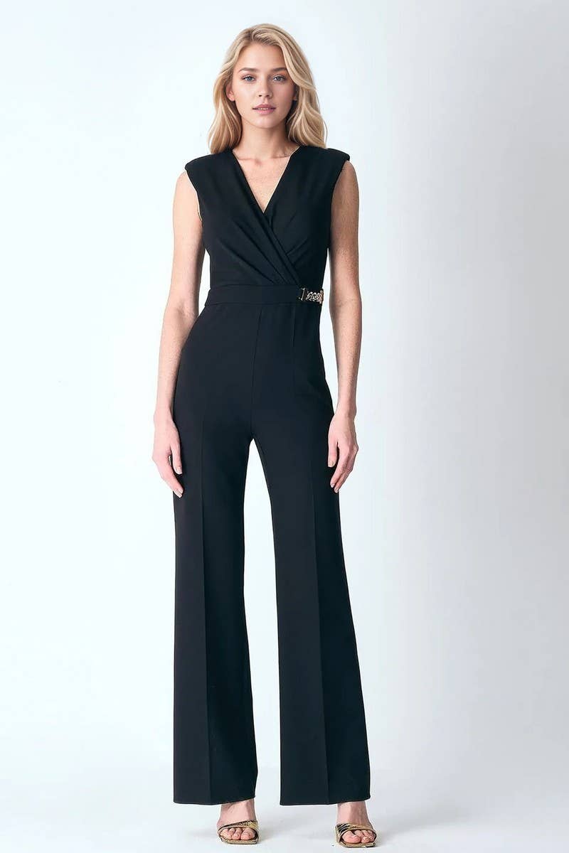 CWSJS1786_BLACK V-NECK SLEEVELESS WIDE-LEG JUMPSUIT