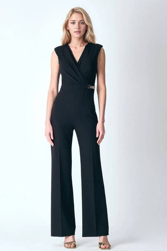 CWSJS1786_BLACK V-NECK SLEEVELESS WIDE-LEG JUMPSUIT