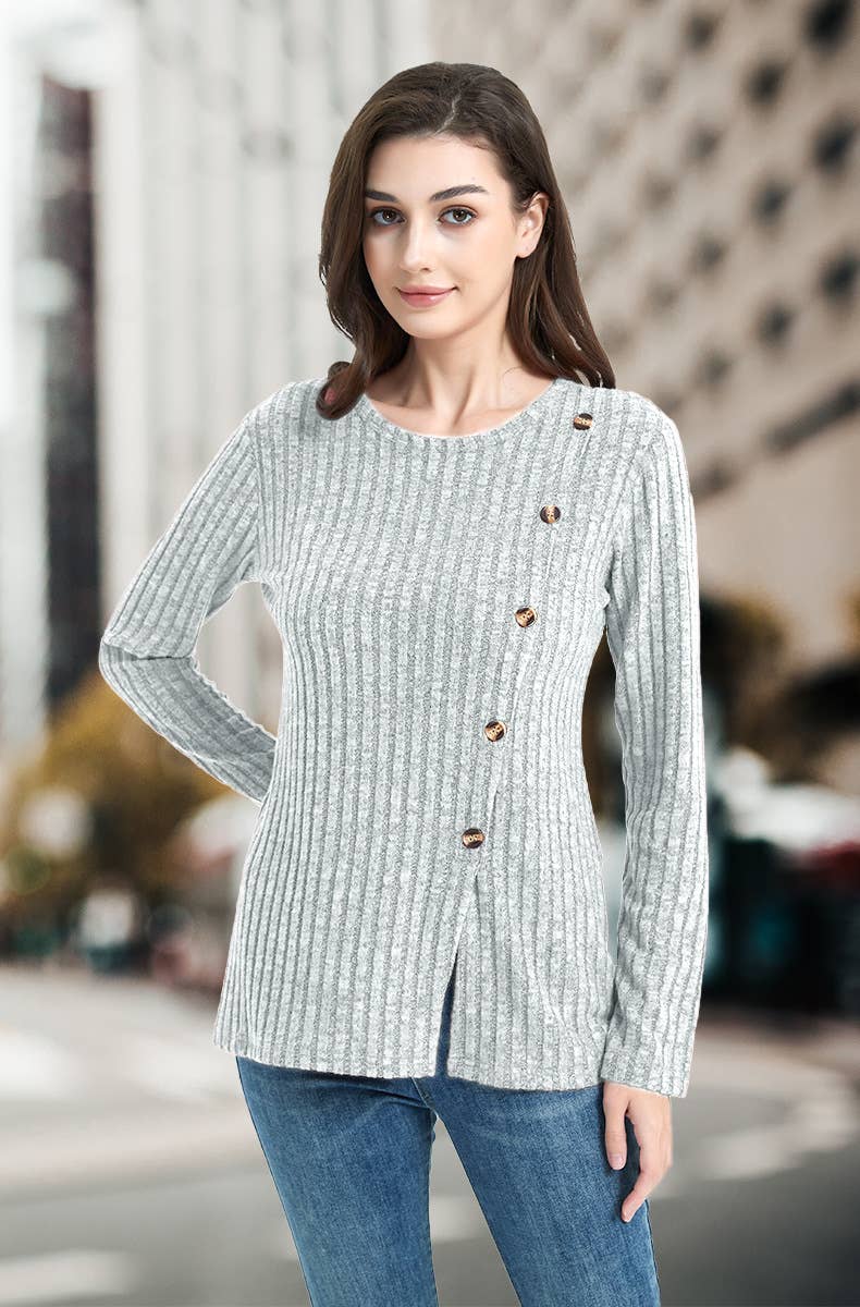 CREW-NECK SOLID COLOR PIT STRIPE BUTTON KNIT