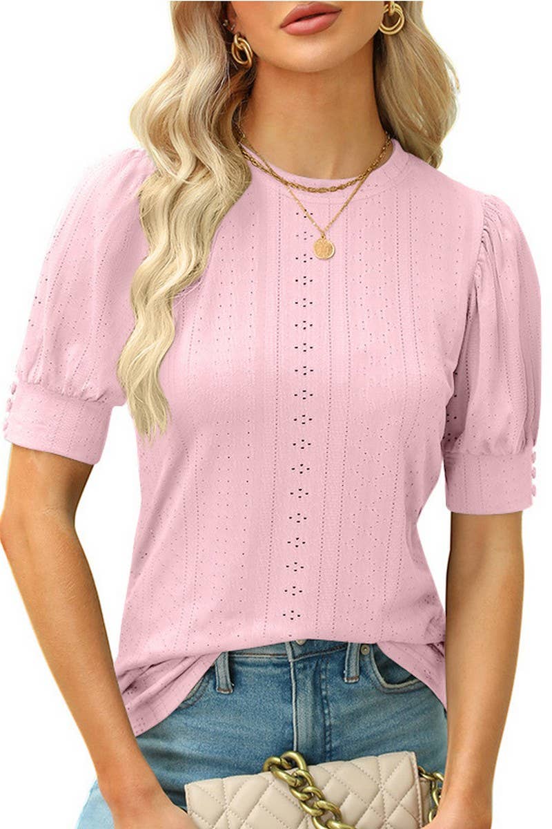 CWTBLS1599_ROUND NECK SOLID COLOR HOLLOW SHORT SLEEVE TOP