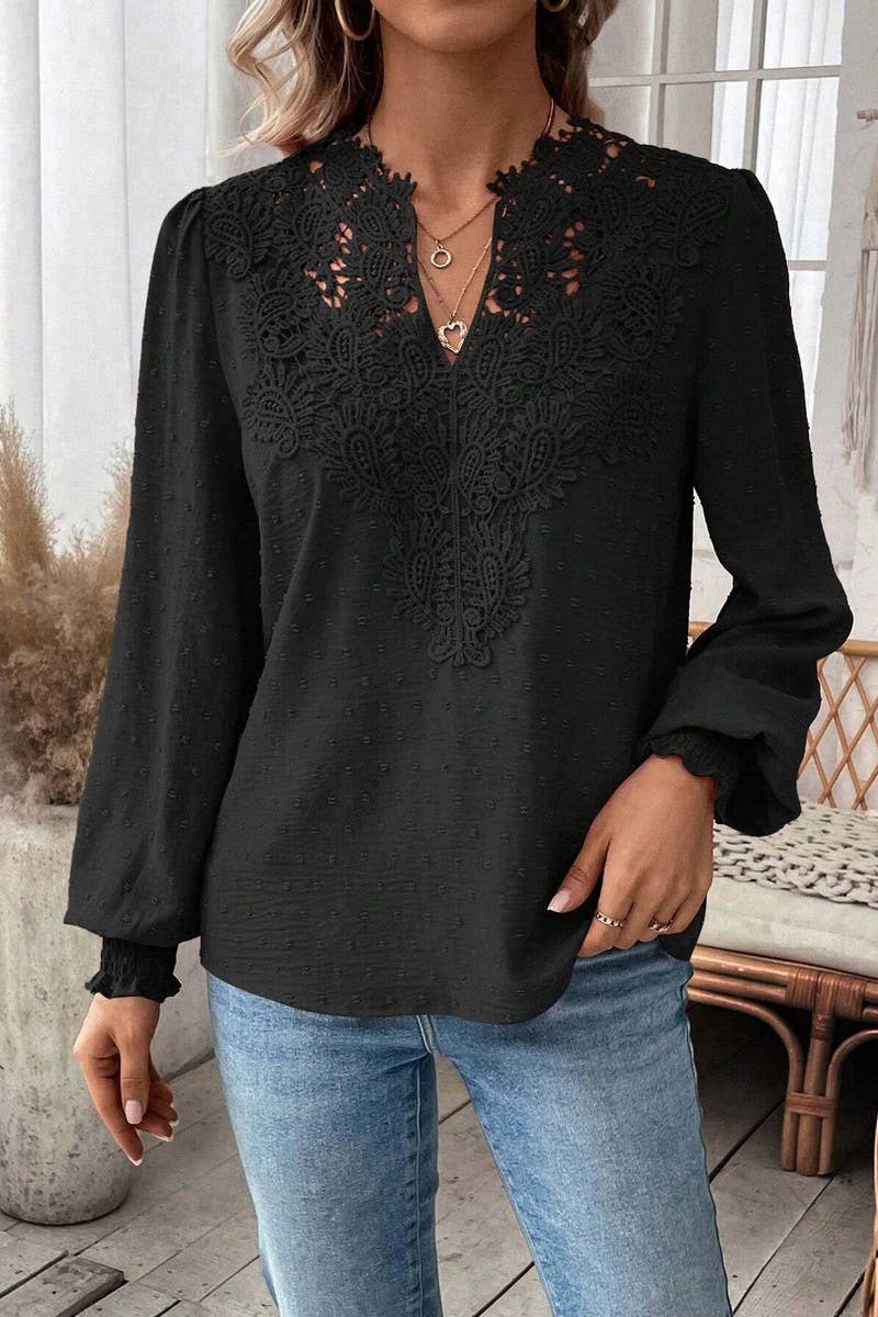 CWTTL2006_V-NECK LACE SOLID COLOR LONG-SLEEVED CASUAL TOP