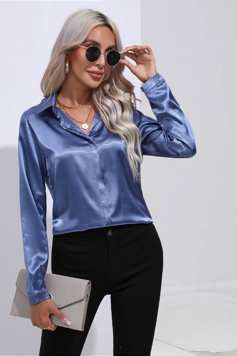CWTBLL0692_Button Down Silky Satin Long Sleeve Top