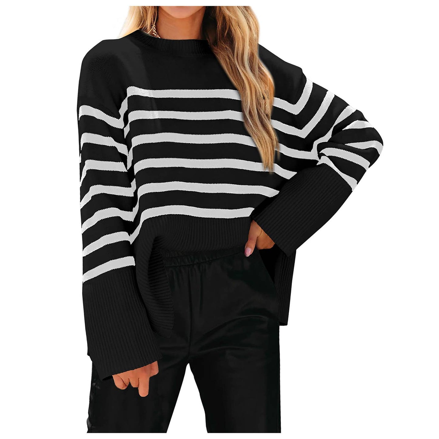Crew-neck loose striped sweater with fat sleeves