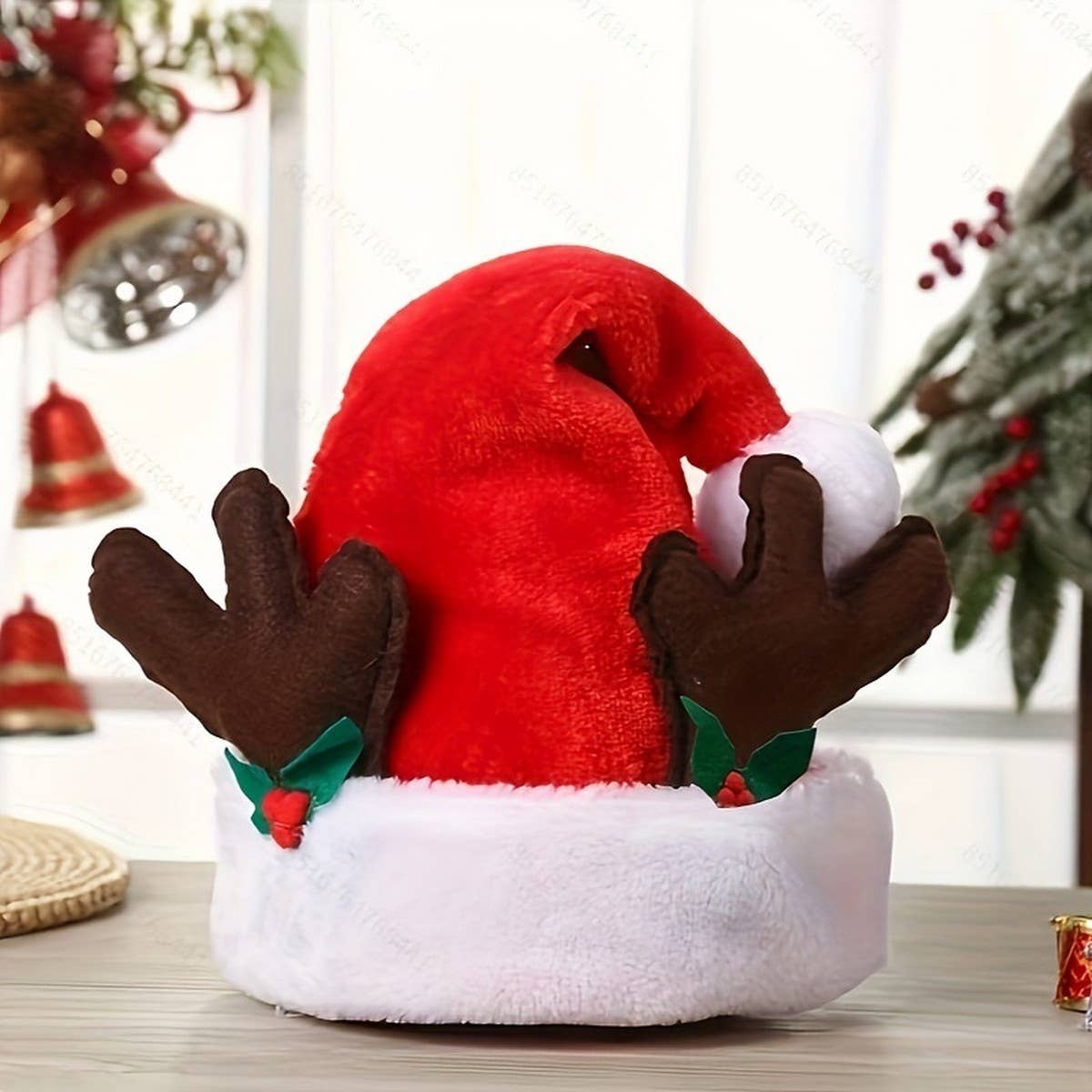 CWAH4080_BROWN ANTLER LEAF SHORT PLUSH SANTA HAT