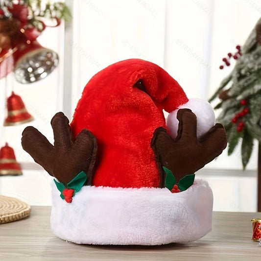 CWAH4080_BROWN ANTLER LEAF SHORT PLUSH SANTA HAT