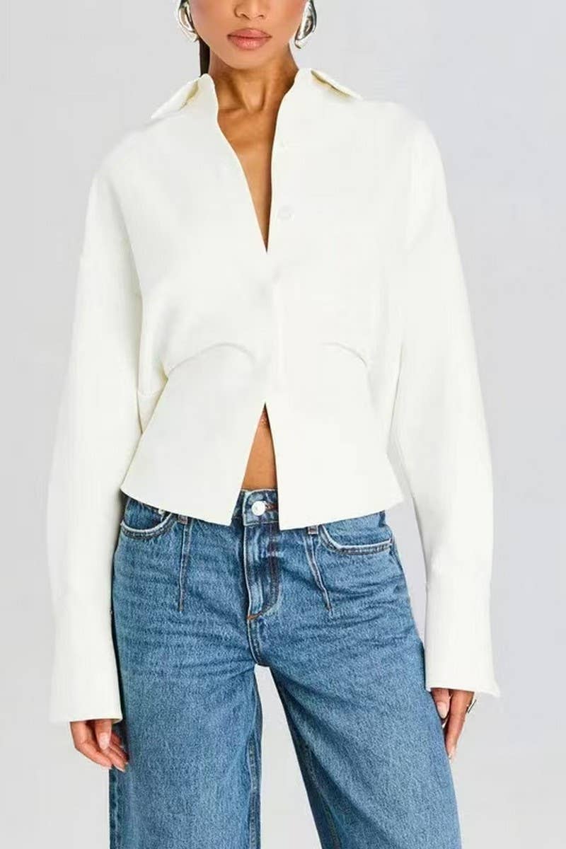 CWTSTL2883_WHITE CROPPED ASYMMETRICAL FASHION SHIRT