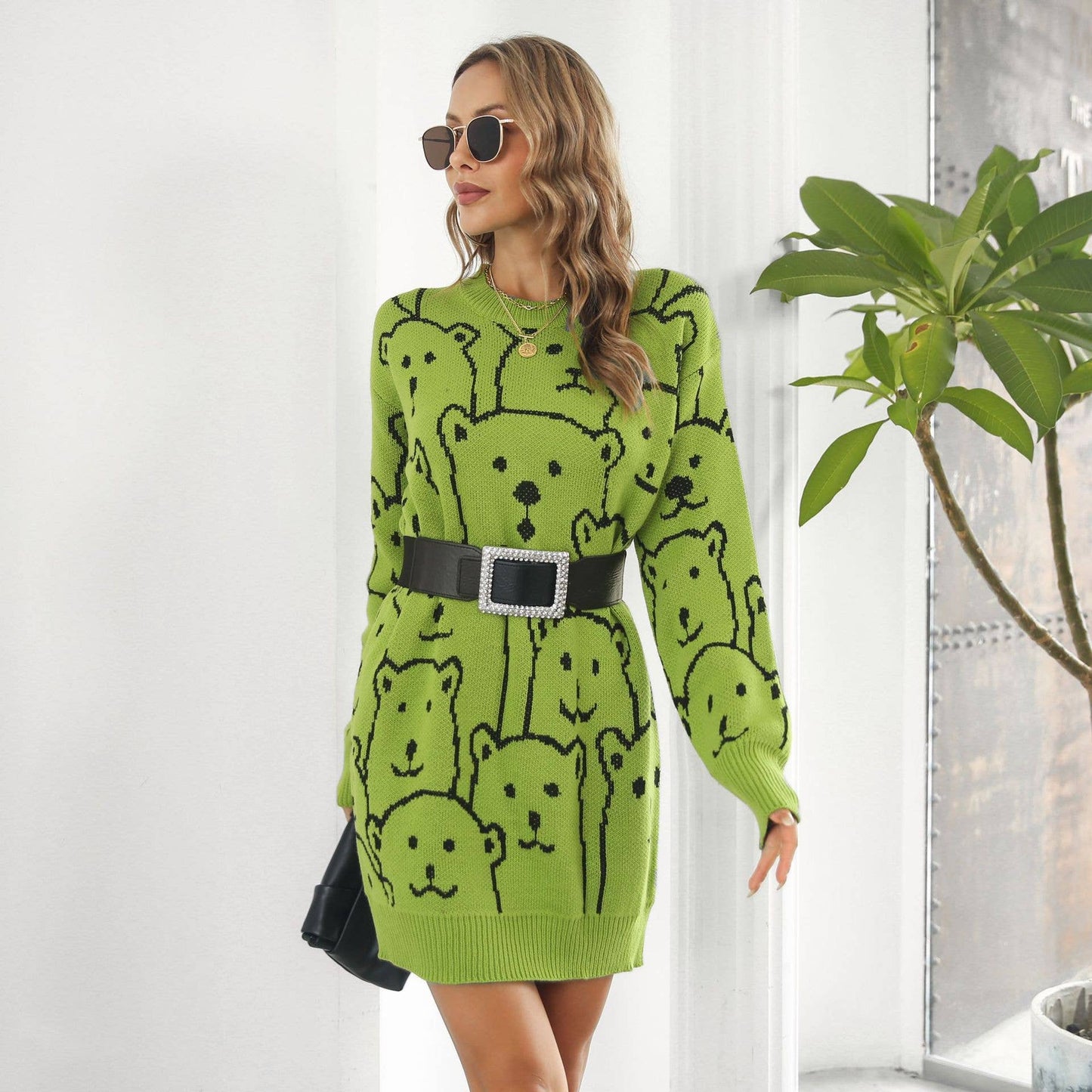 Bear jacquard long-sleeved sweater dress