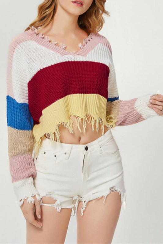CWOSWL6646_SEXY RAINBOW FRINGE LONG SLEEVE CROP SWEATER