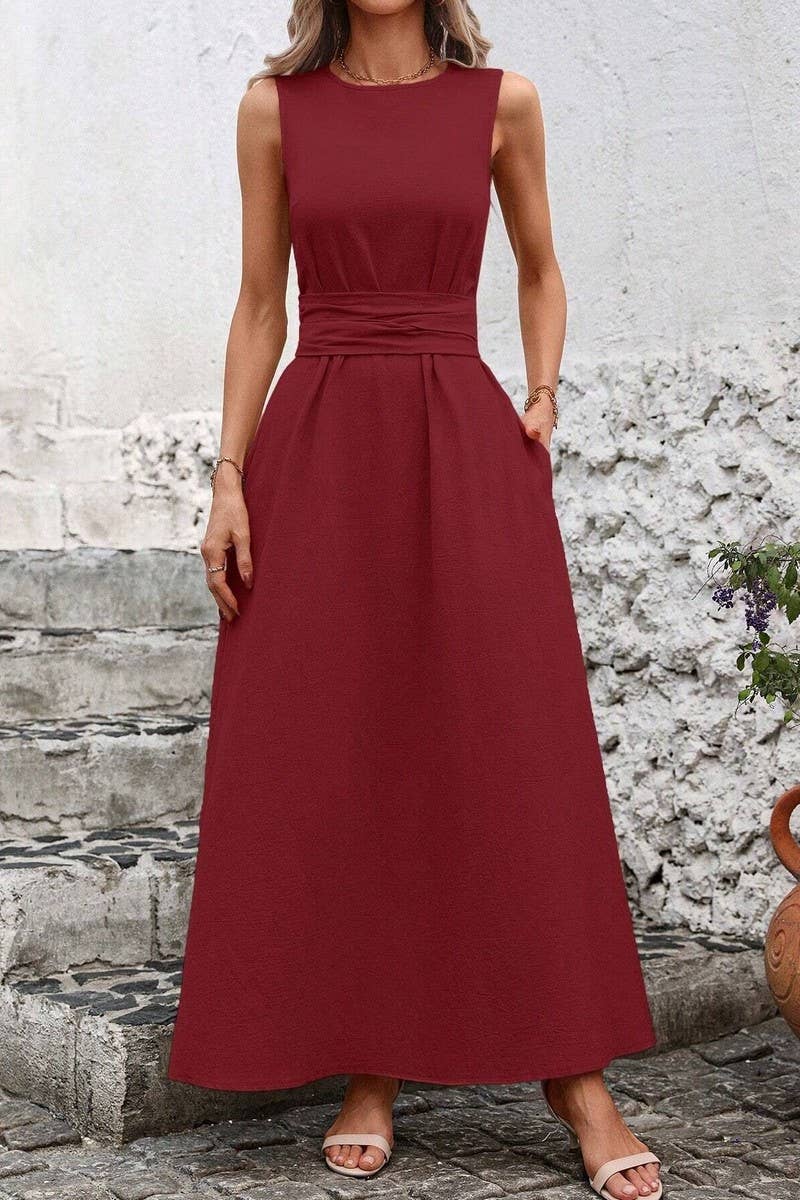 CWDMD5873_SOLID SLEEVELESS TIE WAIST CASUAL TANK DRESS