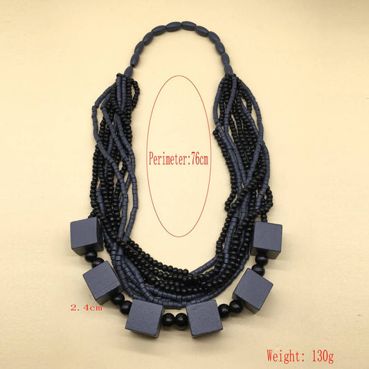 SQUARE WOOD MULTI-LAYER WOODEN BEAD NECKLACE_CWMM4975