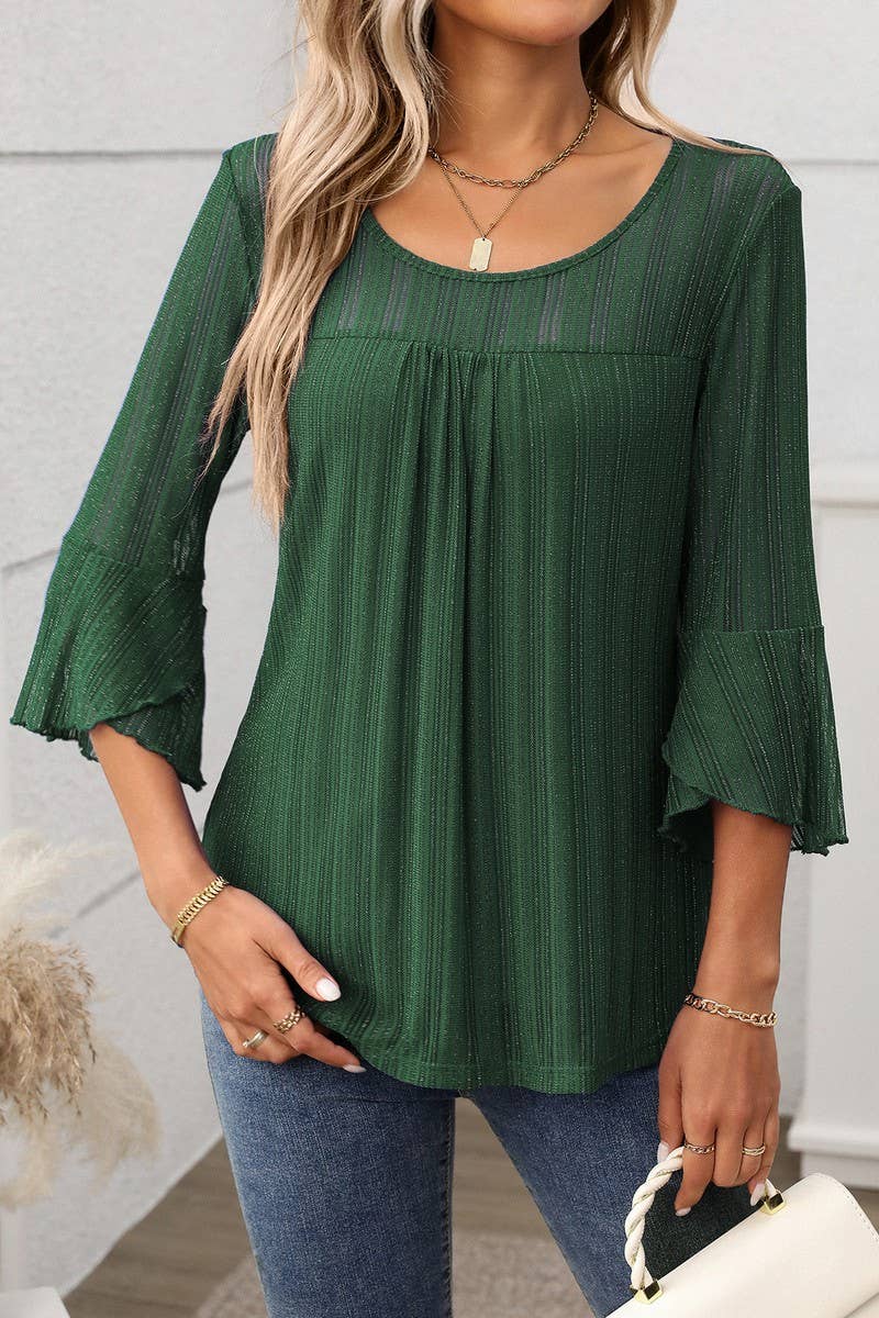 CWTBLL3696_ROUND NECK RUFFLE SLEEVE GLITTER MESH TOP