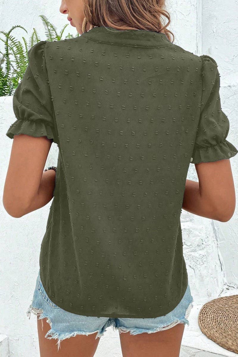 CWTBLS2270_V-NECK FLORAL EMBROIDERED PUFF SLEEVE CHIFFON TOP