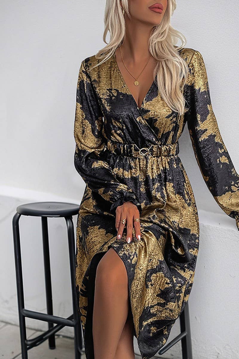 CWDMD3874_V-NECK LONG-SLEEVED A-LINE GOLD-STAMPED DRESS