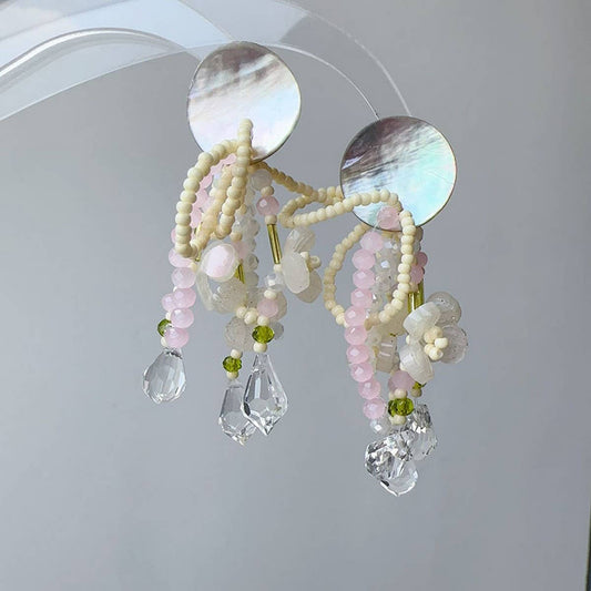 SHELL TASSEL BEADED FLOWER EARRINGS