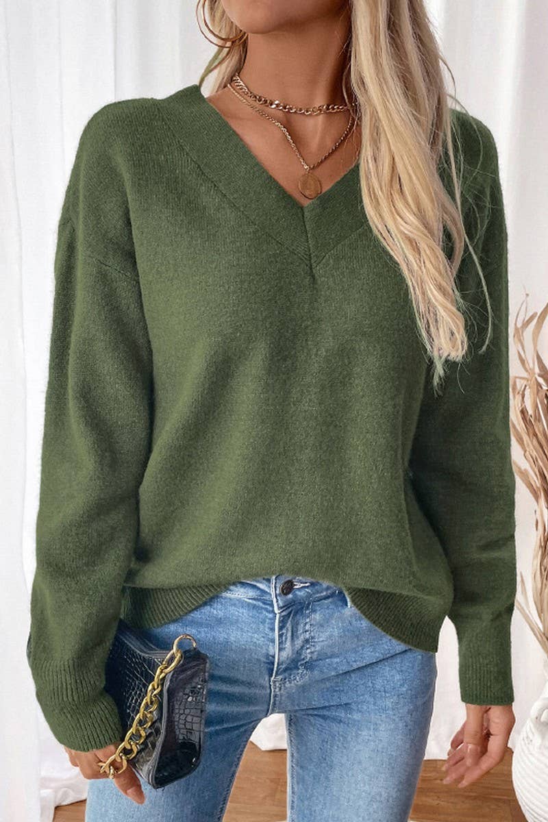 CWOSWL6842_LOOSE V-NECK TEMPERAMENT BACKLESS SLIT SWEATER