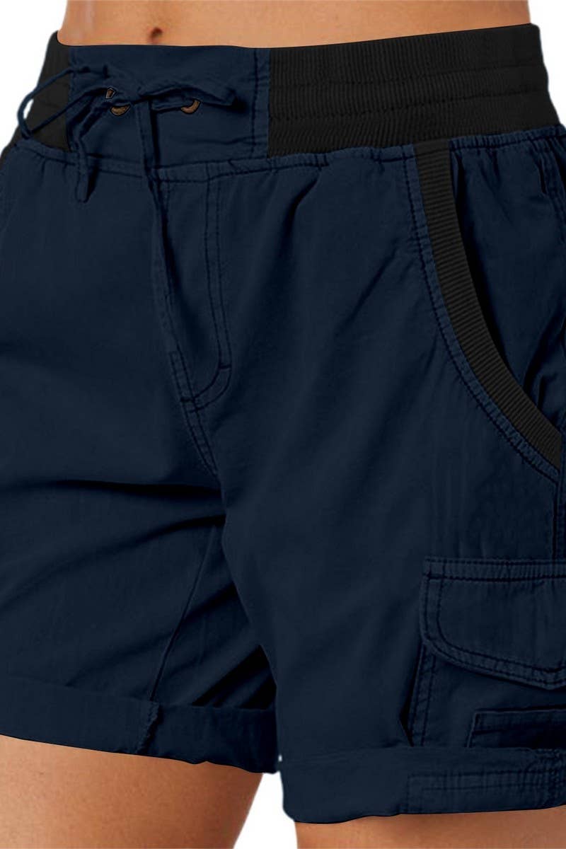 CWBSP0562_RETRO SOLID DRAWSTRING RIBBED UTILITY SHORTS