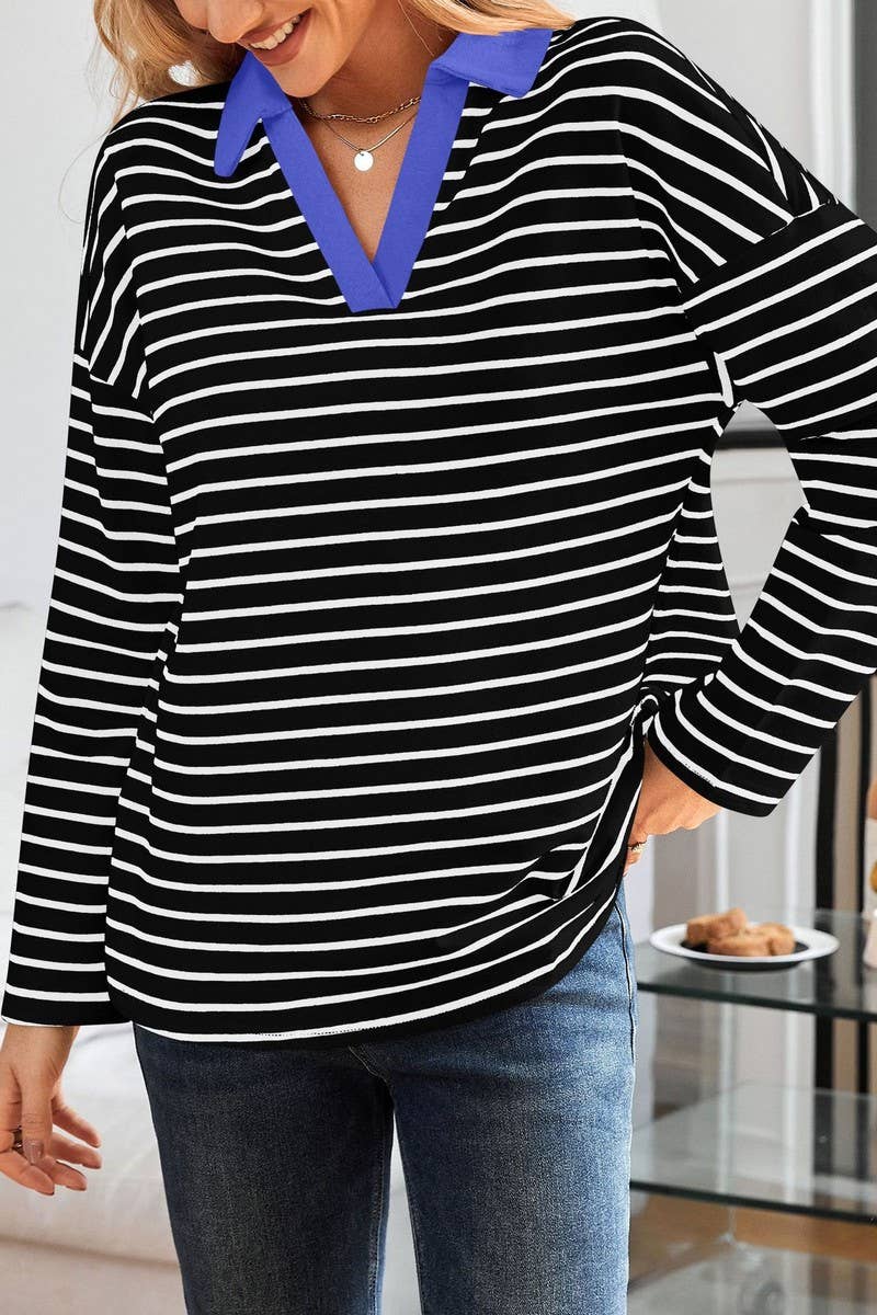 CWTBLL3674_STRIPED V-NECK LOOSE LAPEL SWEATSHIRT TOP
