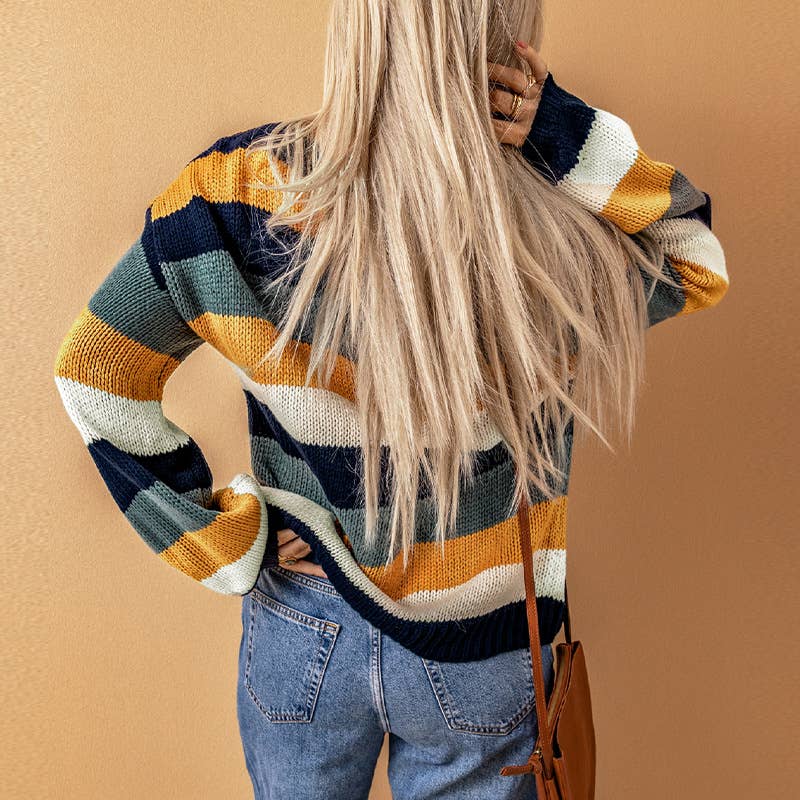 COLOR-CONTRAST STRIPED OFF-SHOULDER SWEATER