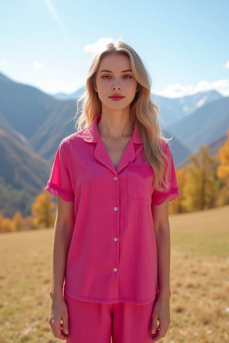 CWSPJ0427_WAVY STRIPE LACE TRIM SHORT SLEEVES PAJAMA SET